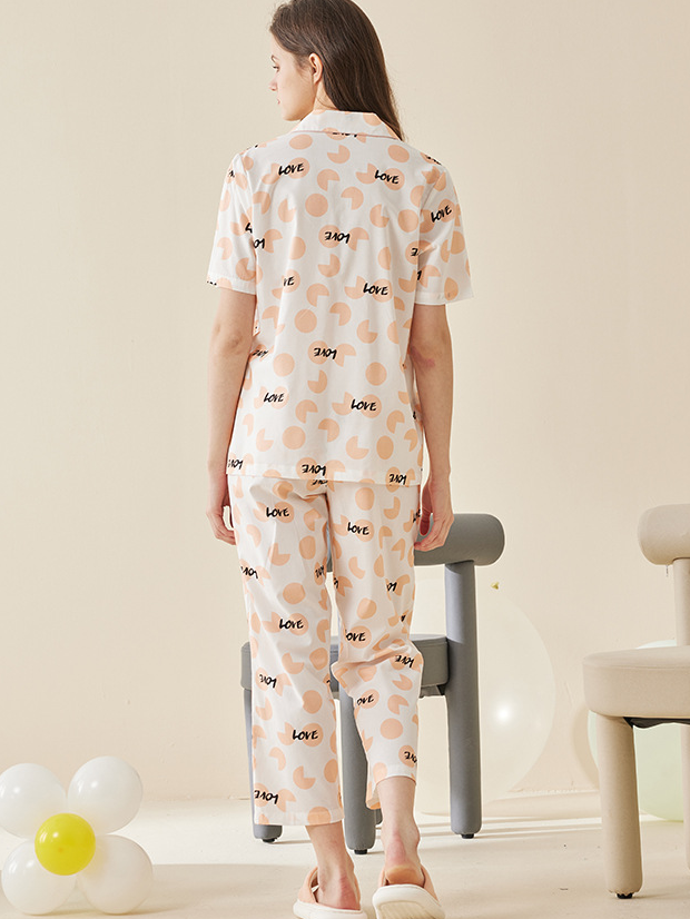 Cotton V Neck Simple Polka Dots Regular Sleeve Pajama Set