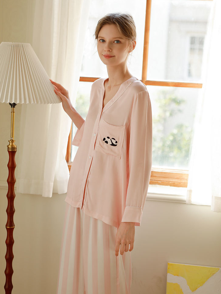 Plain V Neck Casual Regular Fit Long Sleeve Pajama Set