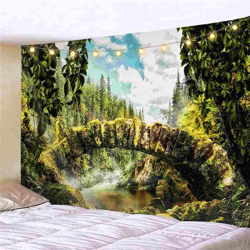 Landscape LED Lights Wall Tapestry Art Decor Forest Waterfall Print