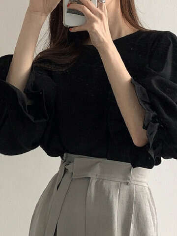 Women Blouses & Shirts | Solid Lantern Sleeve Loose Crew Neck Blouse For Women - GY36151