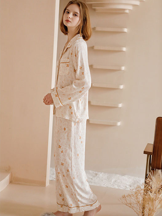 Casual V Neck Bamboo Fiber Regular Fit Long Sleeve Pajama Set