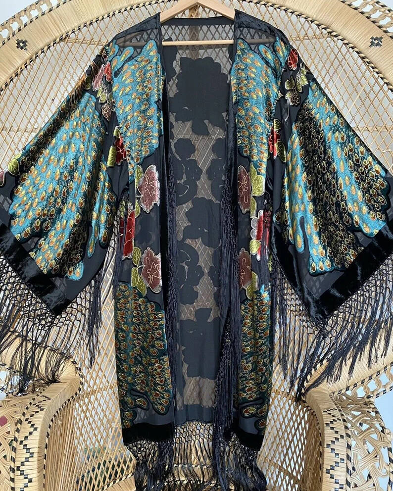 Mid-Length Kimono Fringed Velvet Cardigan Jacket