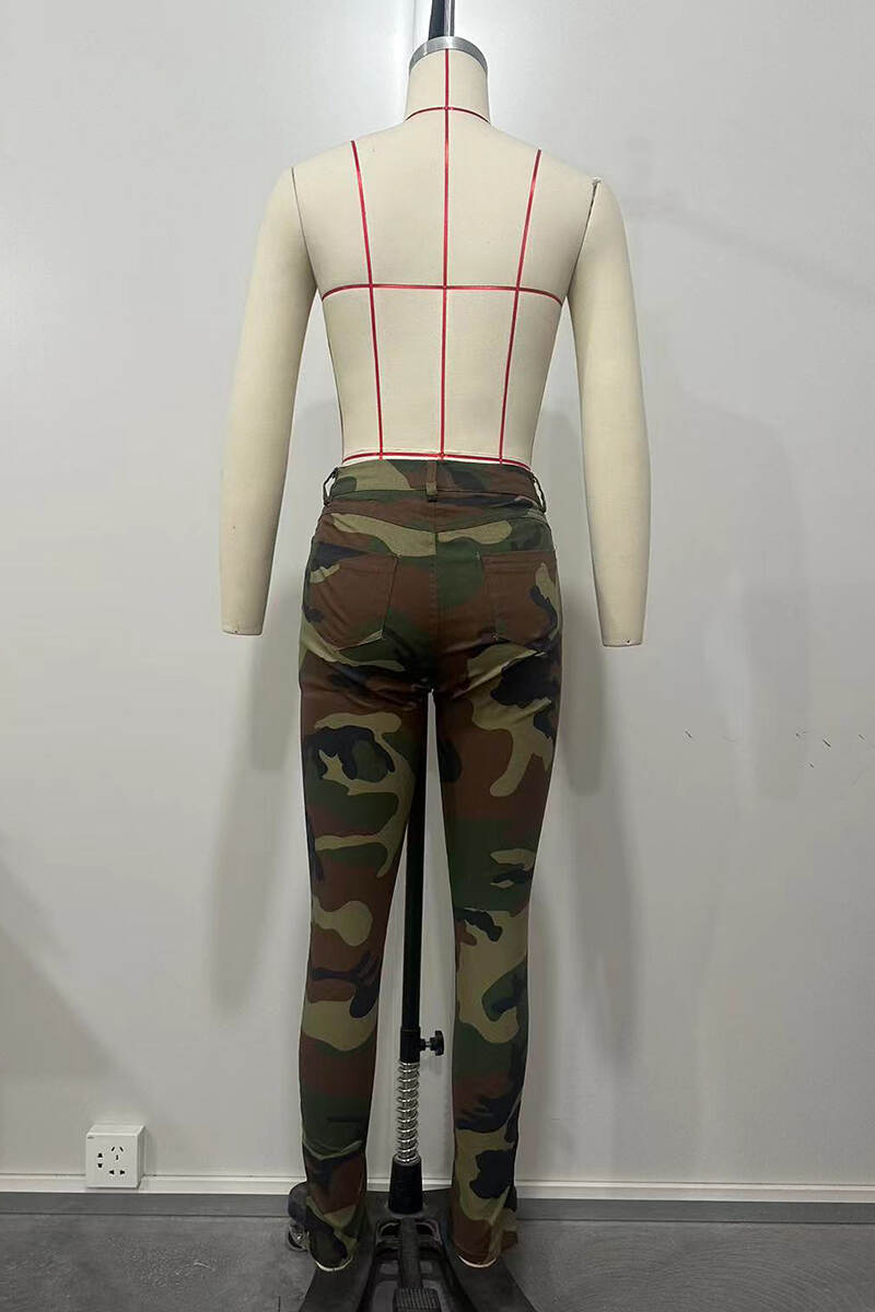 Camouflage Casual Sweet Camouflage Print Patchwork Pocket Buttons Zipper Skinny Mid Waist Conventional Full Print Bottoms