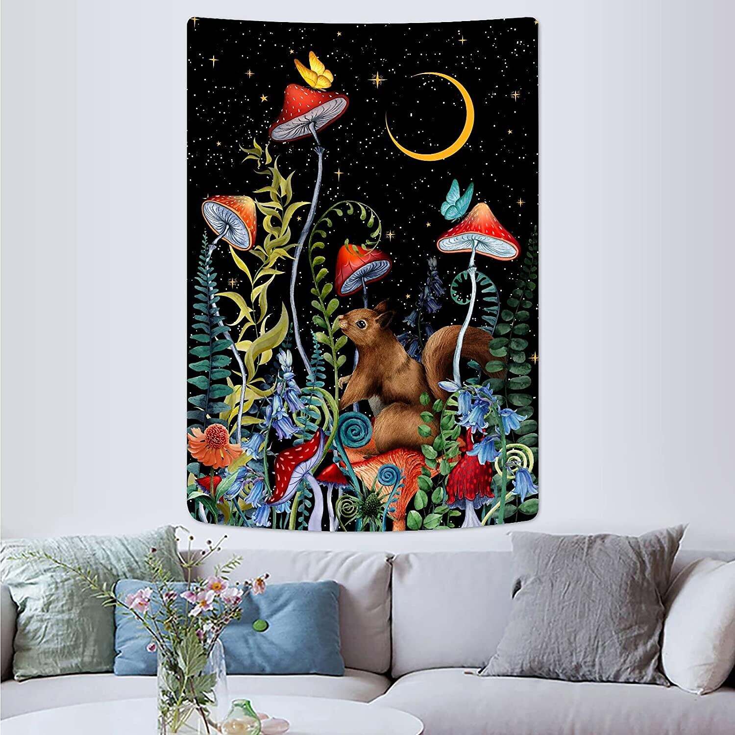 Mushroom Trippy Wall Tapestry Moon and Stars Flowers