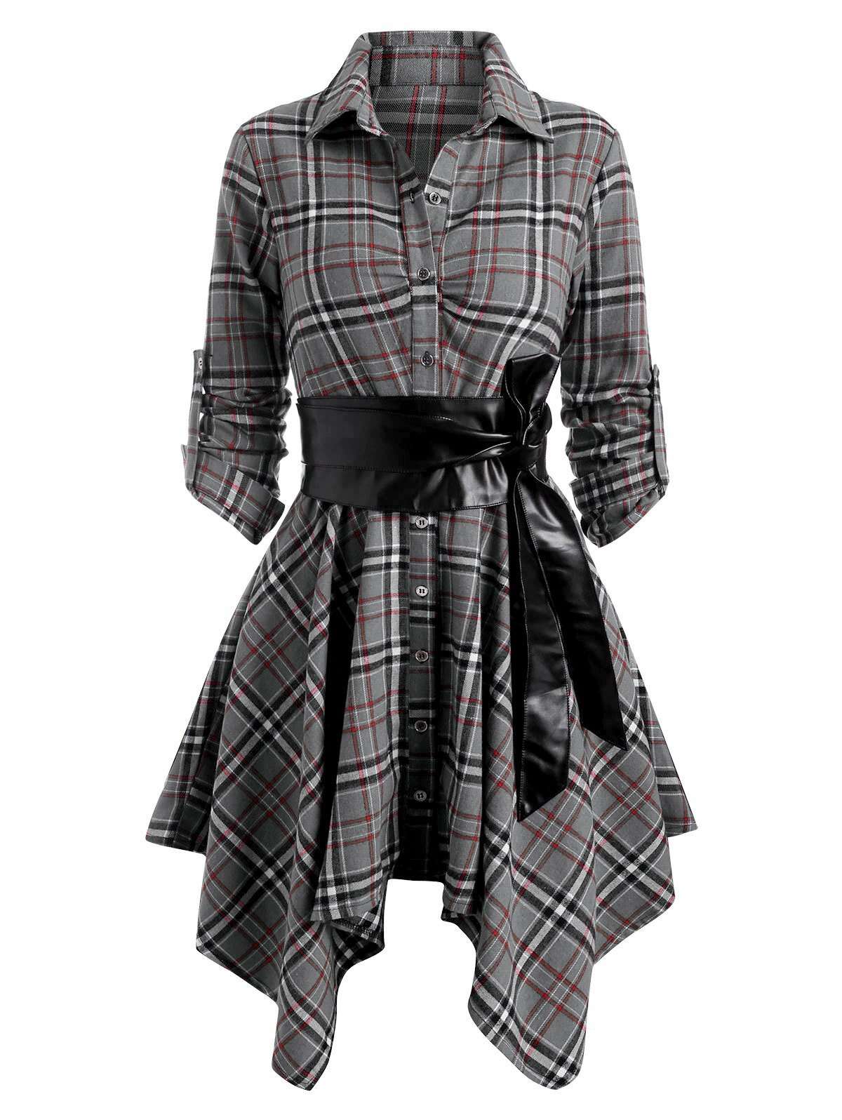 Plaid Belted Roll Tab Sleeve Handkerchief Dress