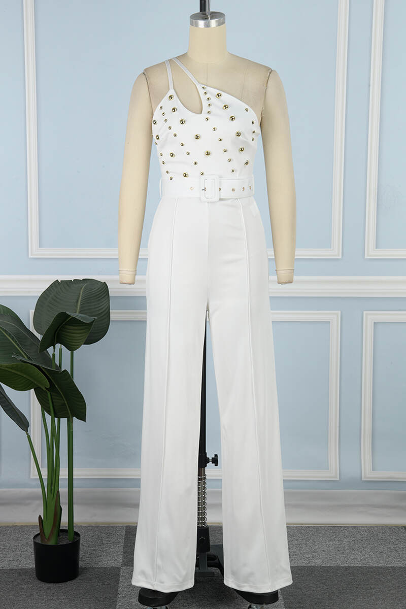 White Sexy Casual Solid Backless With Belt Oblique Collar Skinny Jumpsuits