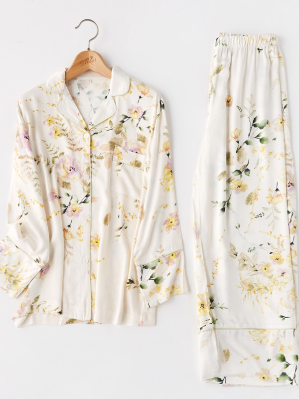 Simple Floral V Neck Loose Long Sleeve Pajama Set