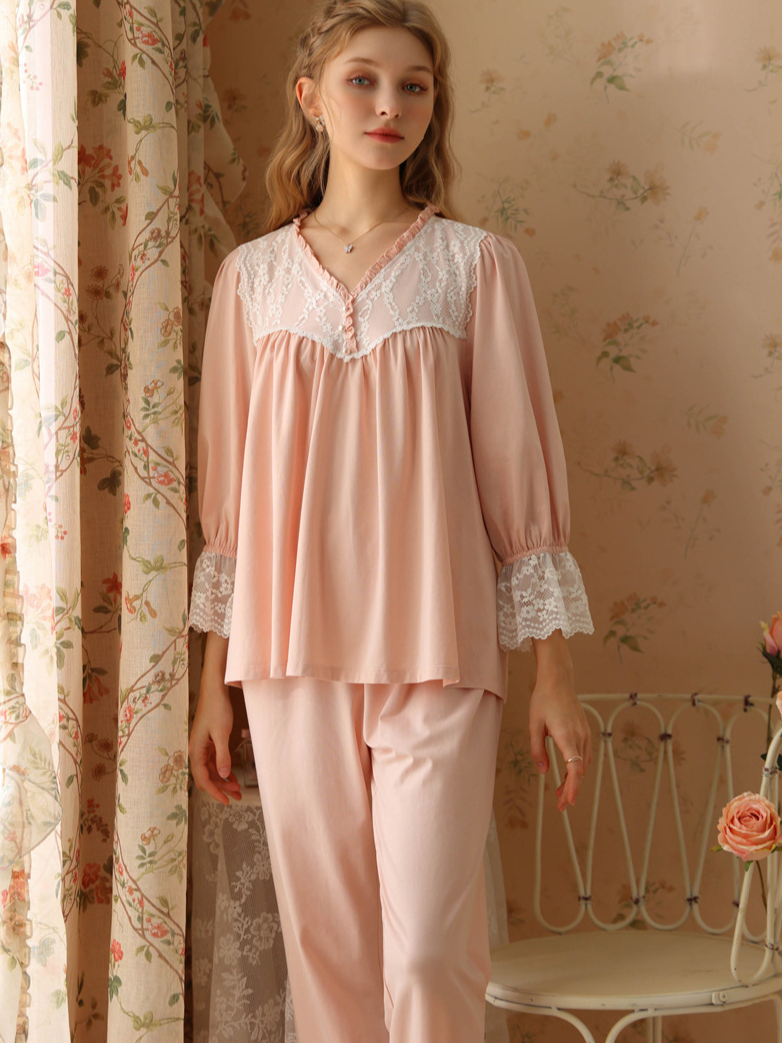 Lace Cotton V Neck Casual  Long Sleeve Pajama Set