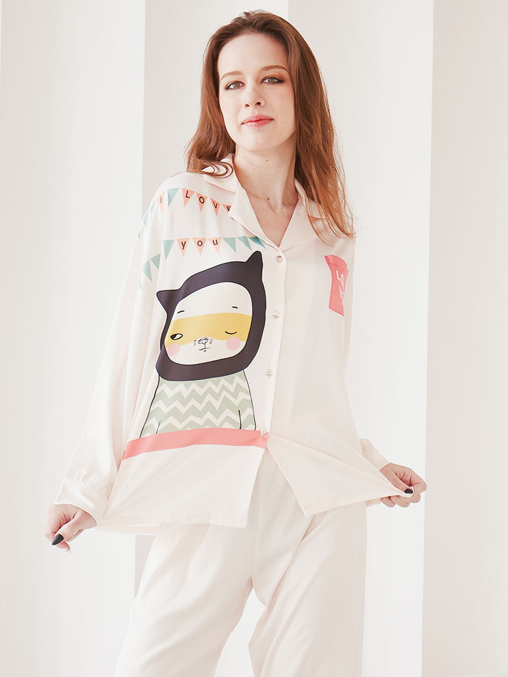 Simple Cartoon Ice Silk Loose Long Sleeve Pajama Set