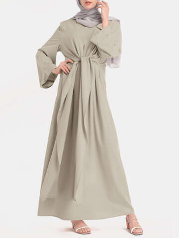 Women Casual Dresses | Solid Color Knotted Long Sleeve Maxi Muslim Dress - QV85996