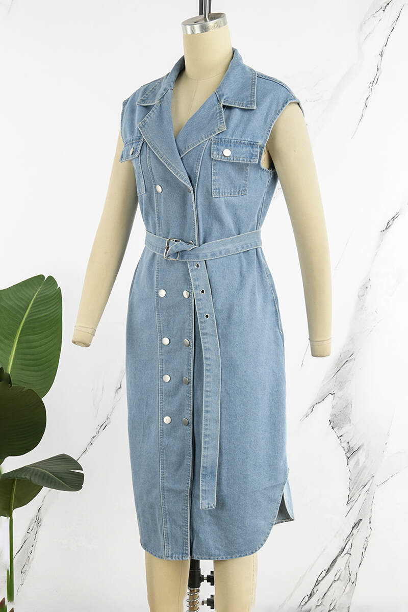 Medium Blue Casual Solid Patchwork With Belt Turndown Collar Sleeveless Regular Denim Dresses