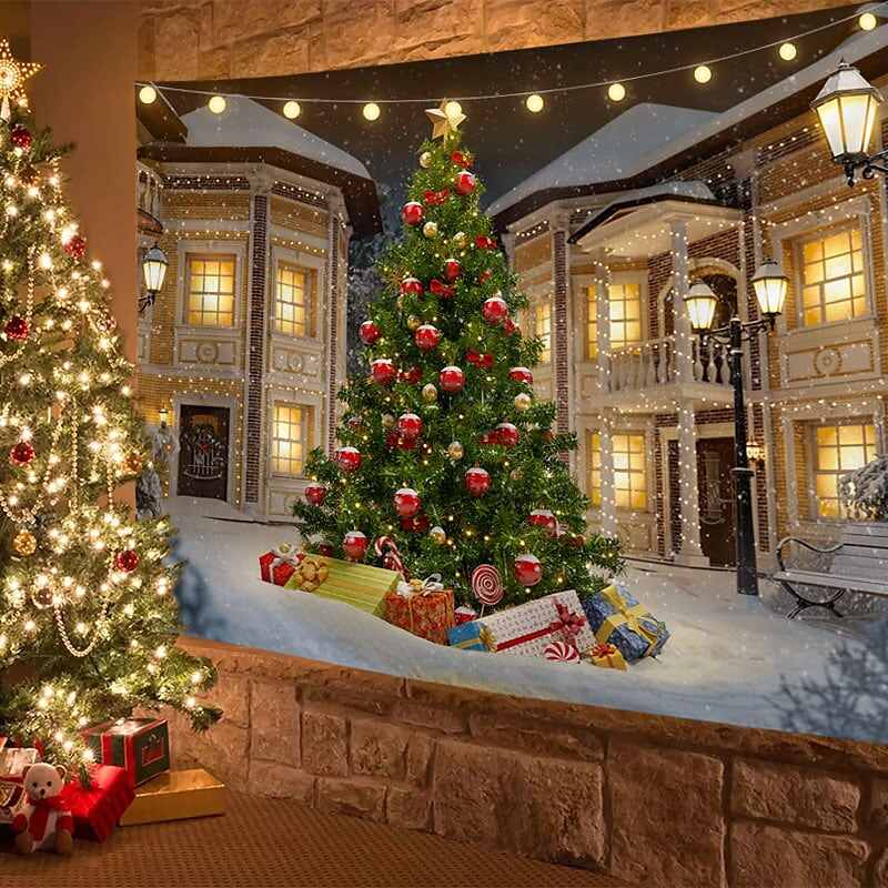 Christmas Decor LED Lights Wall Tapestry Santa Claus Christmas Tree Print
