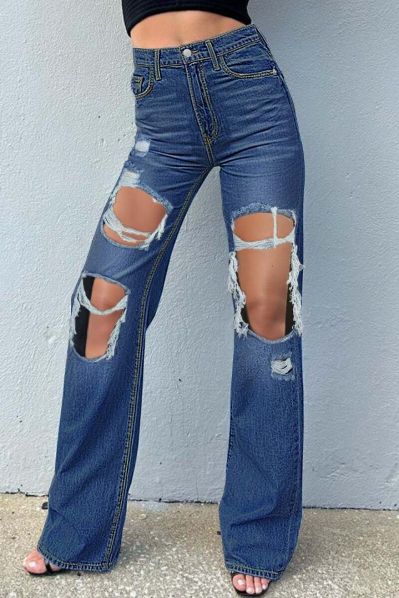 Blue Casual Solid Ripped High Waist Skinny Denim Jeans