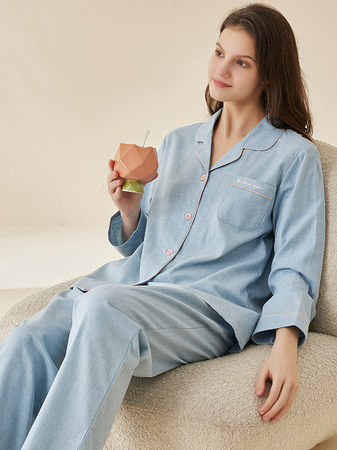 Plain V Neck Simple Cotton Long Sleeve Couple Pajama Set