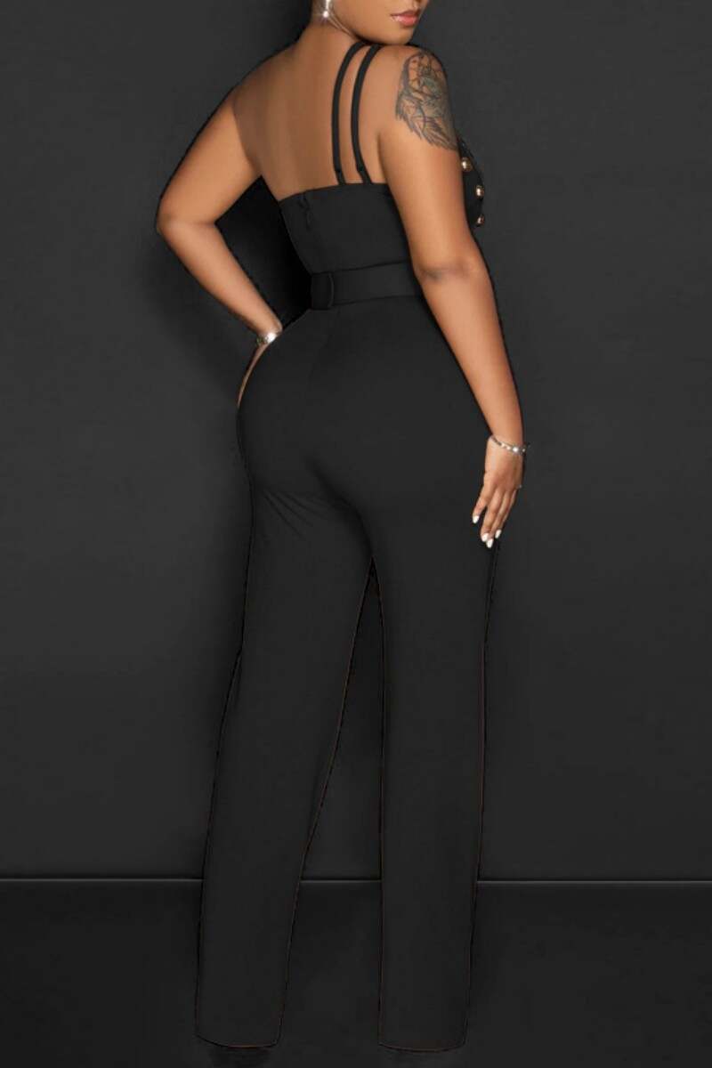 Black Sexy Casual Solid Backless With Belt Oblique Collar Skinny Jumpsuits