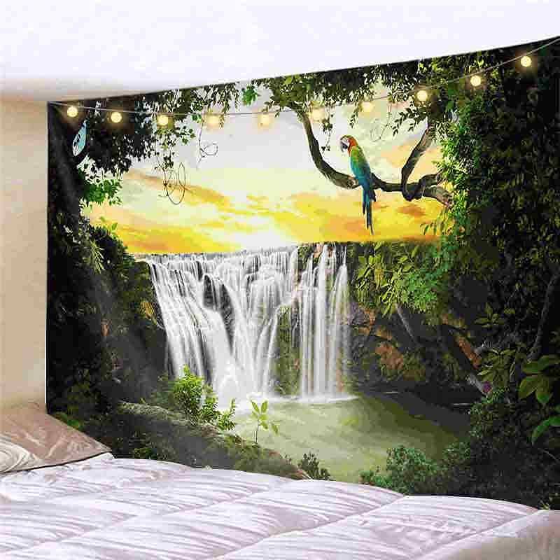 Landscape LED Lights Wall Tapestry Art Decor Forest Waterfall Print