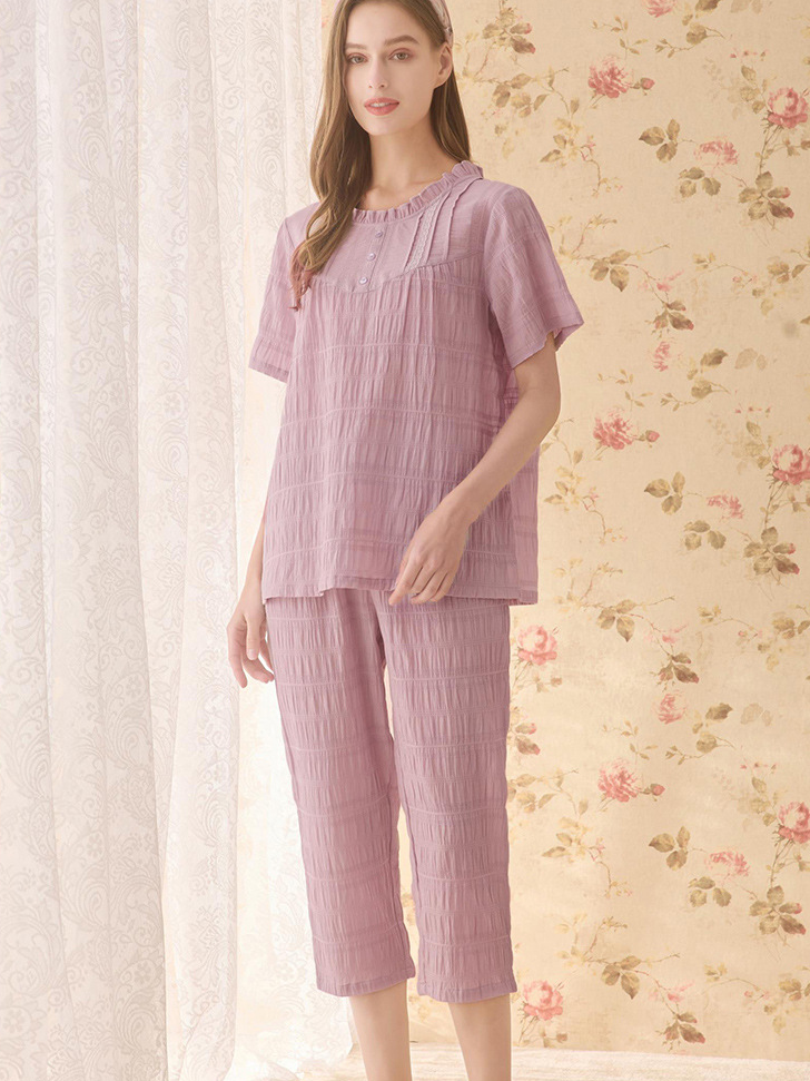 Crew Neck Cotton Regular Sleeve Simple Pajama Set