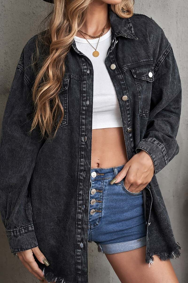 Black Casual Solid Patchwork Cardigan Turndown Collar Long Sleeve Regular Denim Jacket