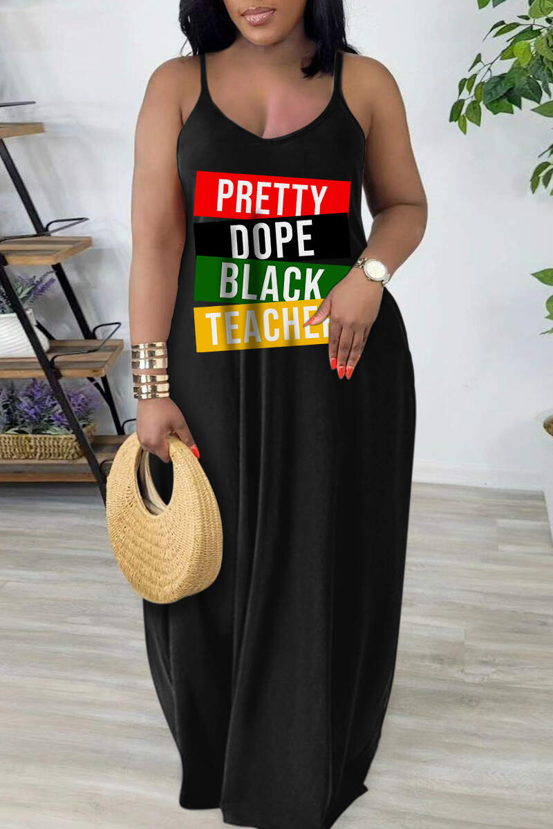 Black Red Sexy Casual Print Backless Spaghetti Strap Long Dress Dresses