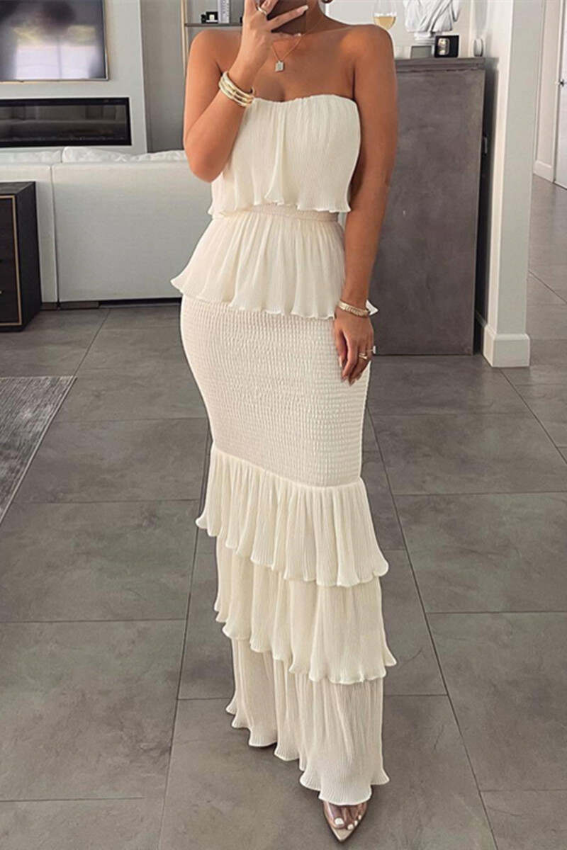 Cream White Sexy Casual Solid Patchwork Backless Strapless Long Dress Dresses