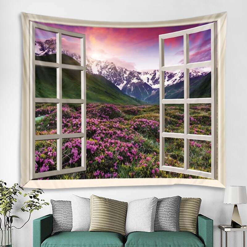 Window Landscape Wall Tapestry Art Decor Forest Flower Field