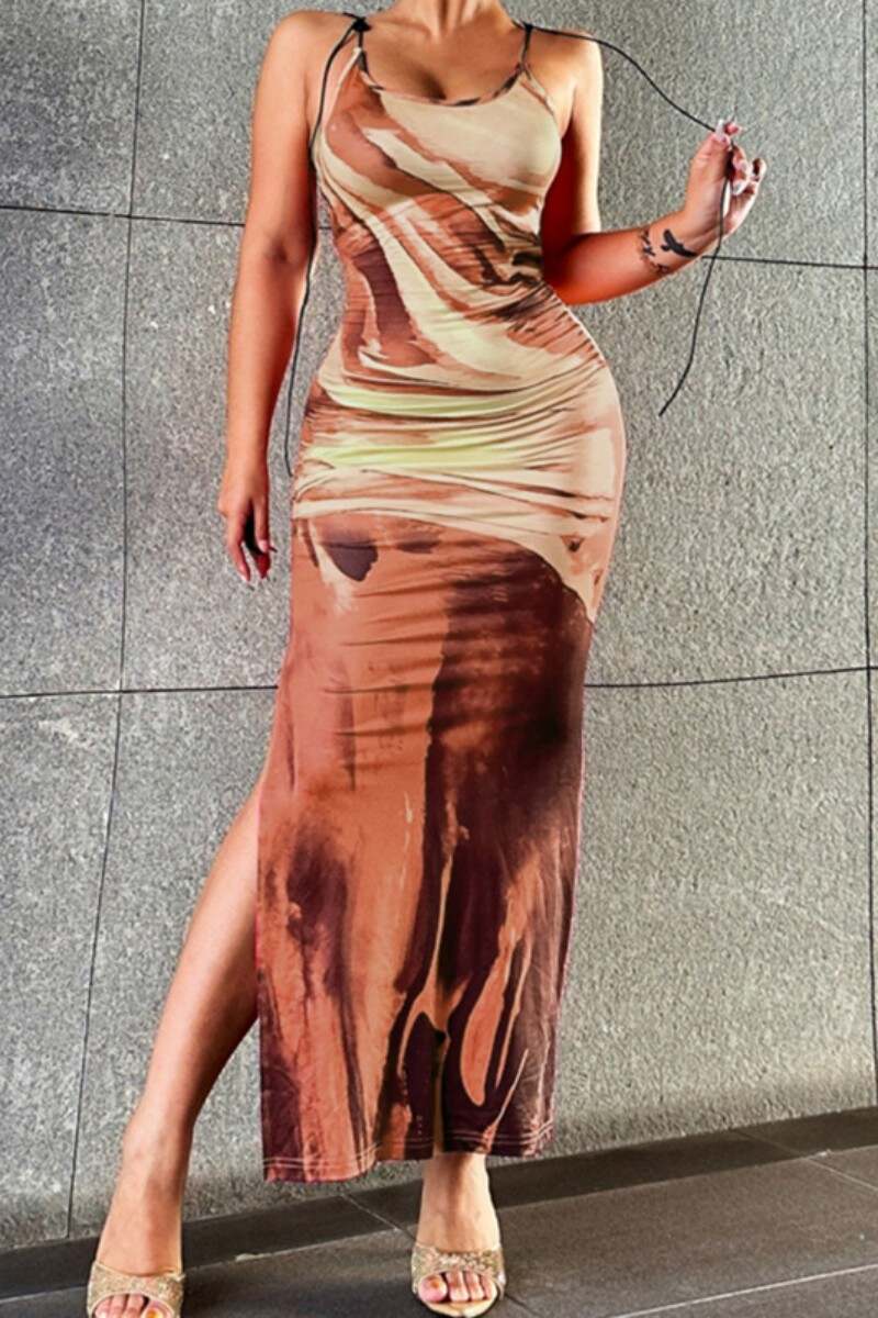 Brown Sexy Casual Print Backless Slit Spaghetti Strap Long Dress Dresses