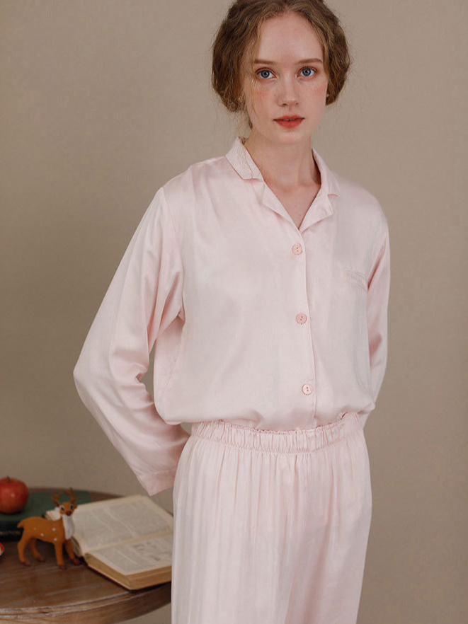 Shawl Collar Plain Elegant Long Sleeve Pajama Set