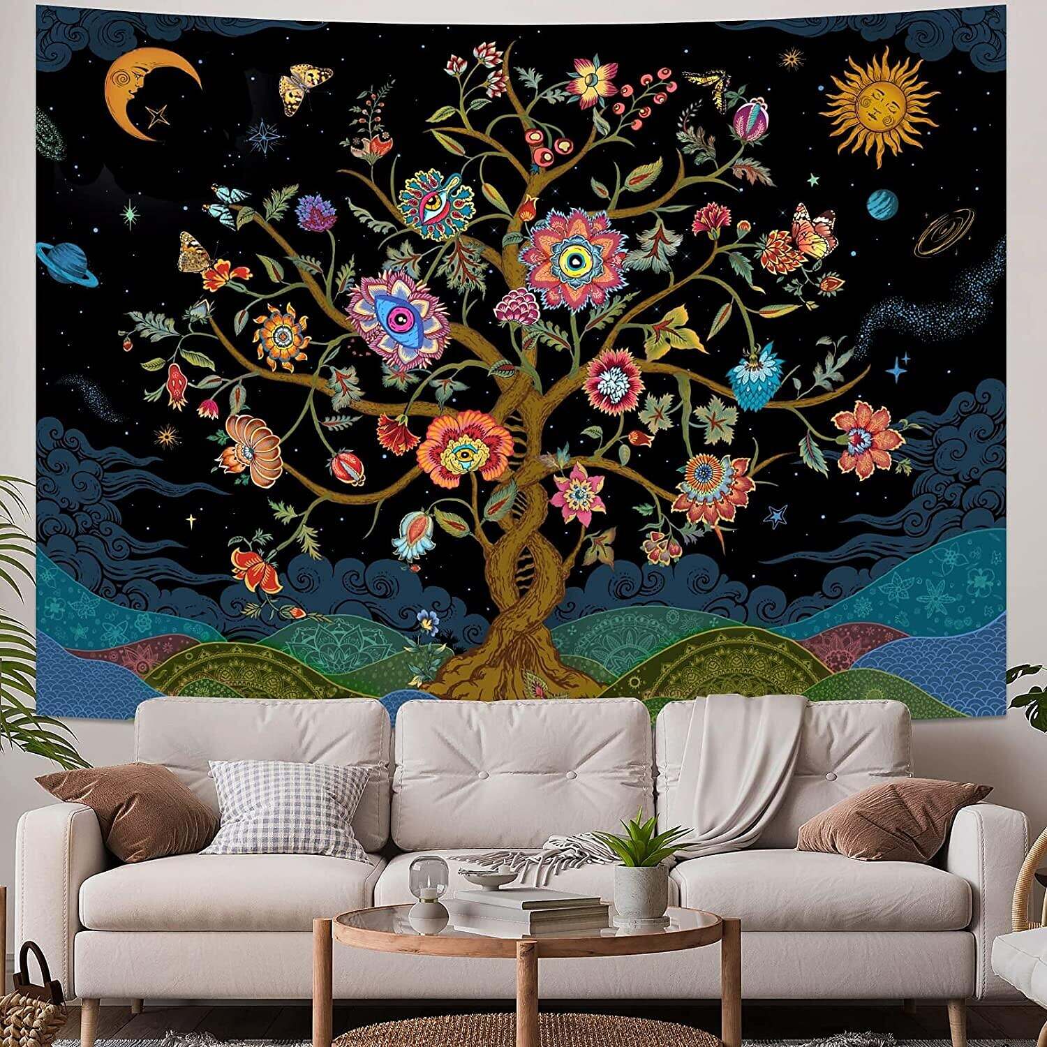 Tree of Life Tapestry Trippy Sun Moon Tapestry