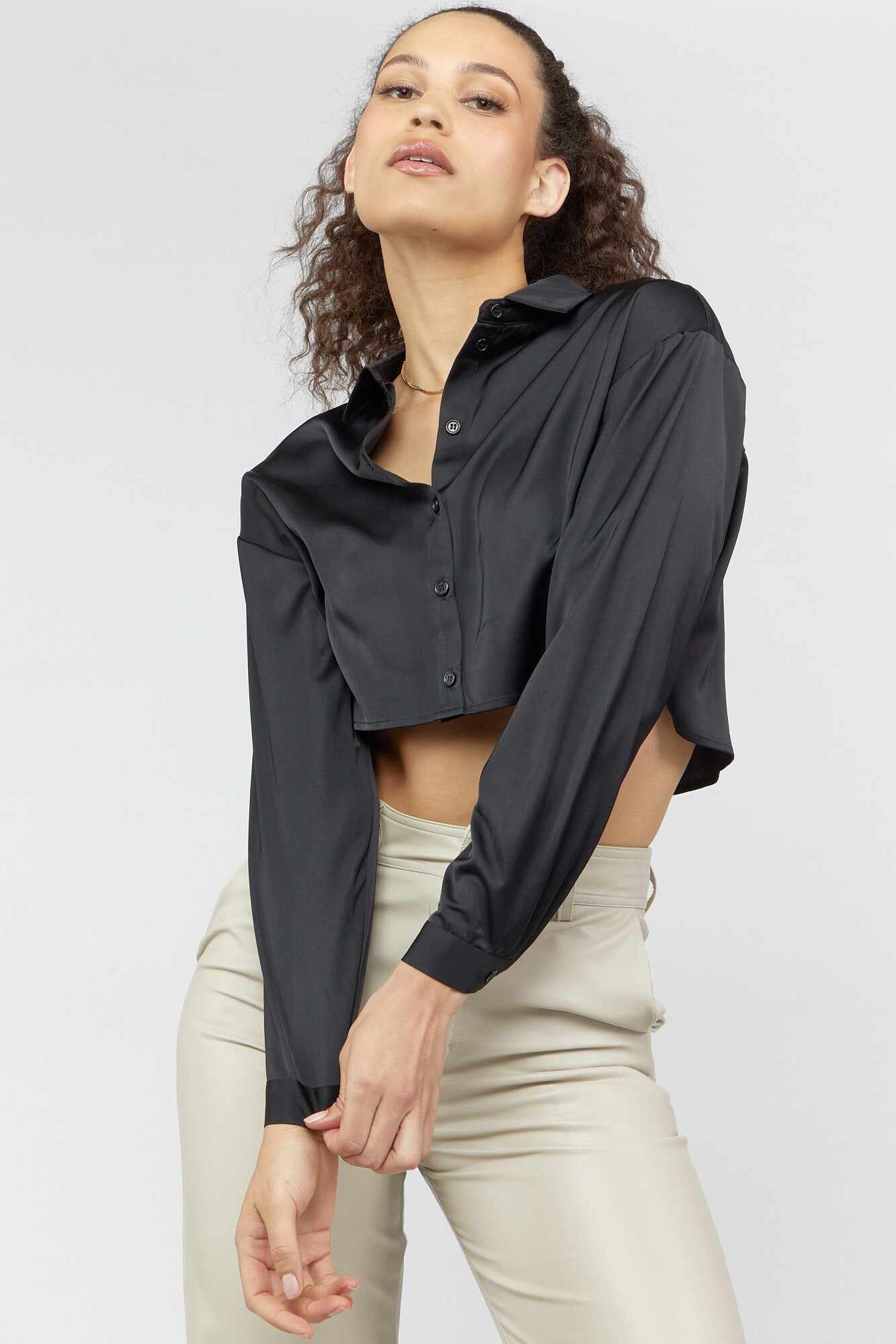 Women Apparel | Satin Button-Front Cropped Shirt Taupe Forever21 - LV97076