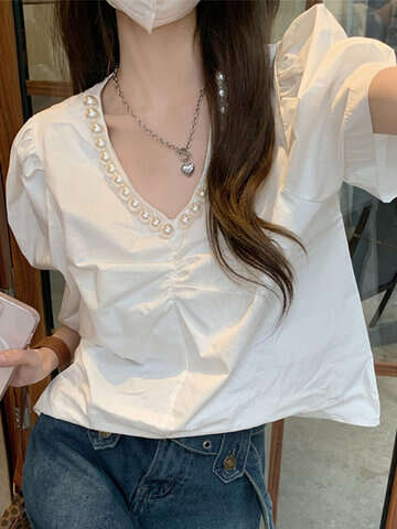Women Blouses & Shirts | Women Puff Sleeve Solid Pearl Decor V-neck Blouse - HZ74864
