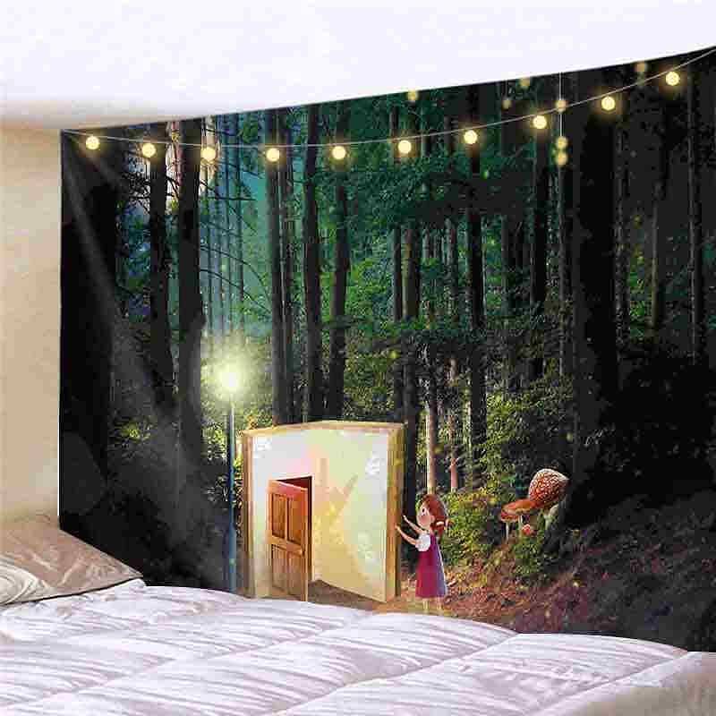 Landscape LED Lights Wall Tapestry Art Decor Forest Green Tree Print