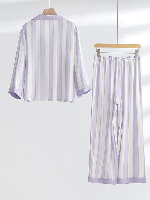 Simple Striped Shawl Collar Long Sleeve Pajama Set