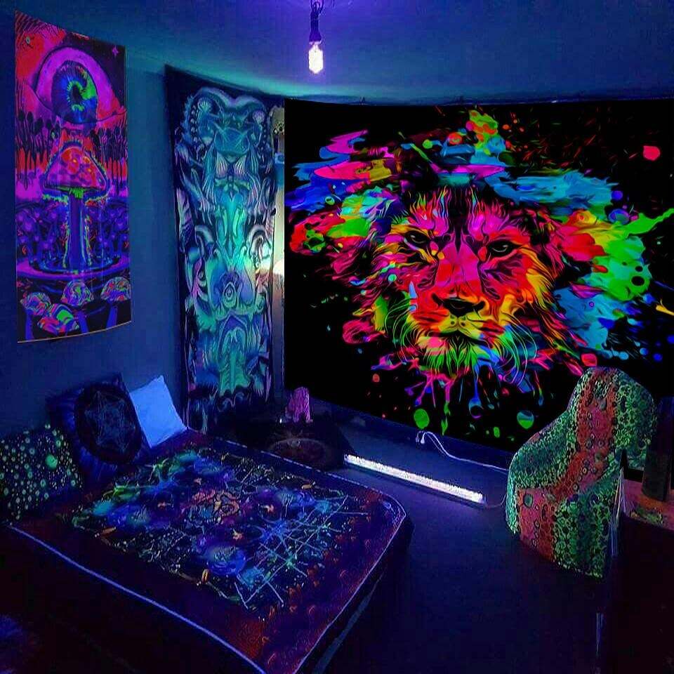 Black Light UV Reactive Star Lion Wall Tapestry Hanging Cloth