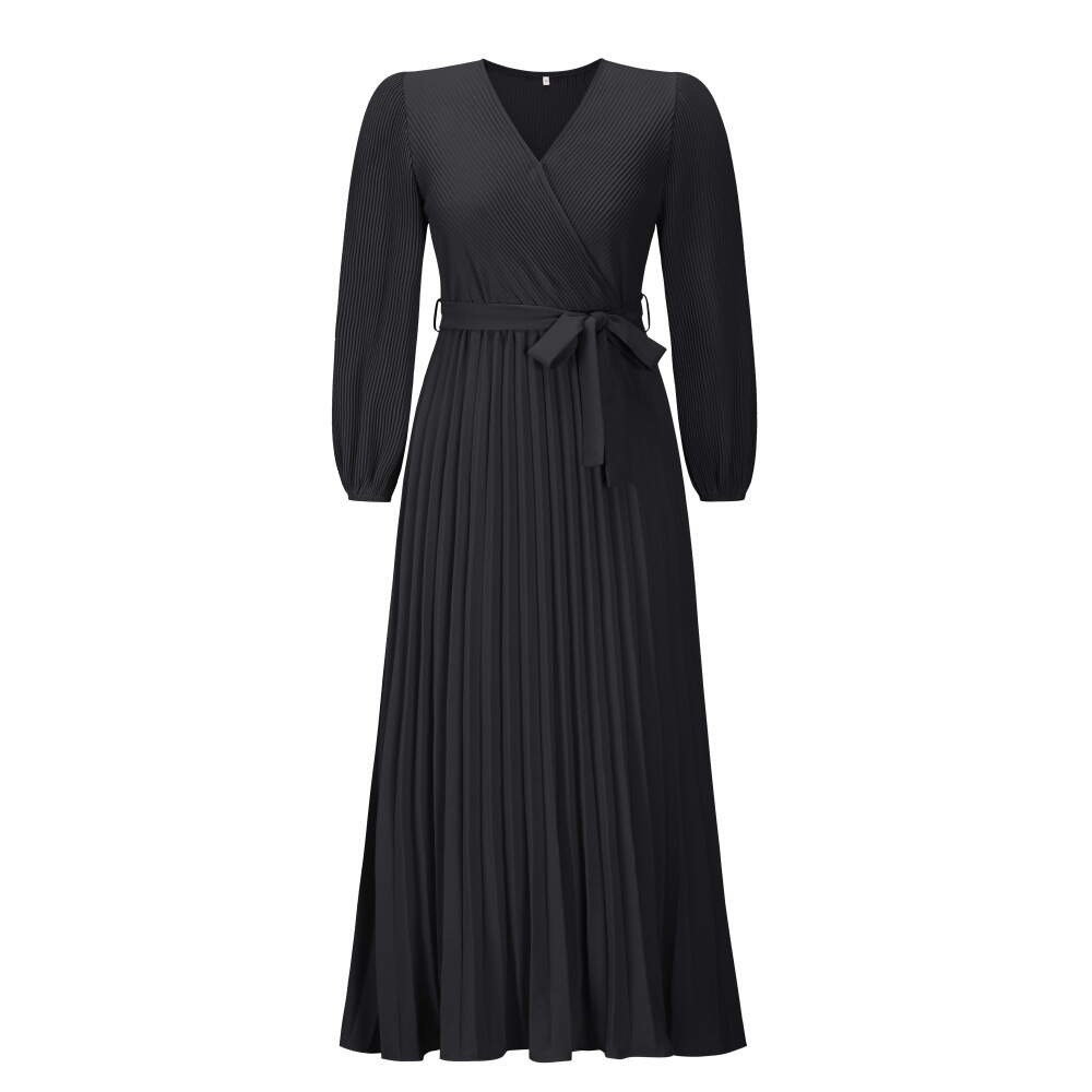 V-neck long-sleeved pleated A-line women's dress