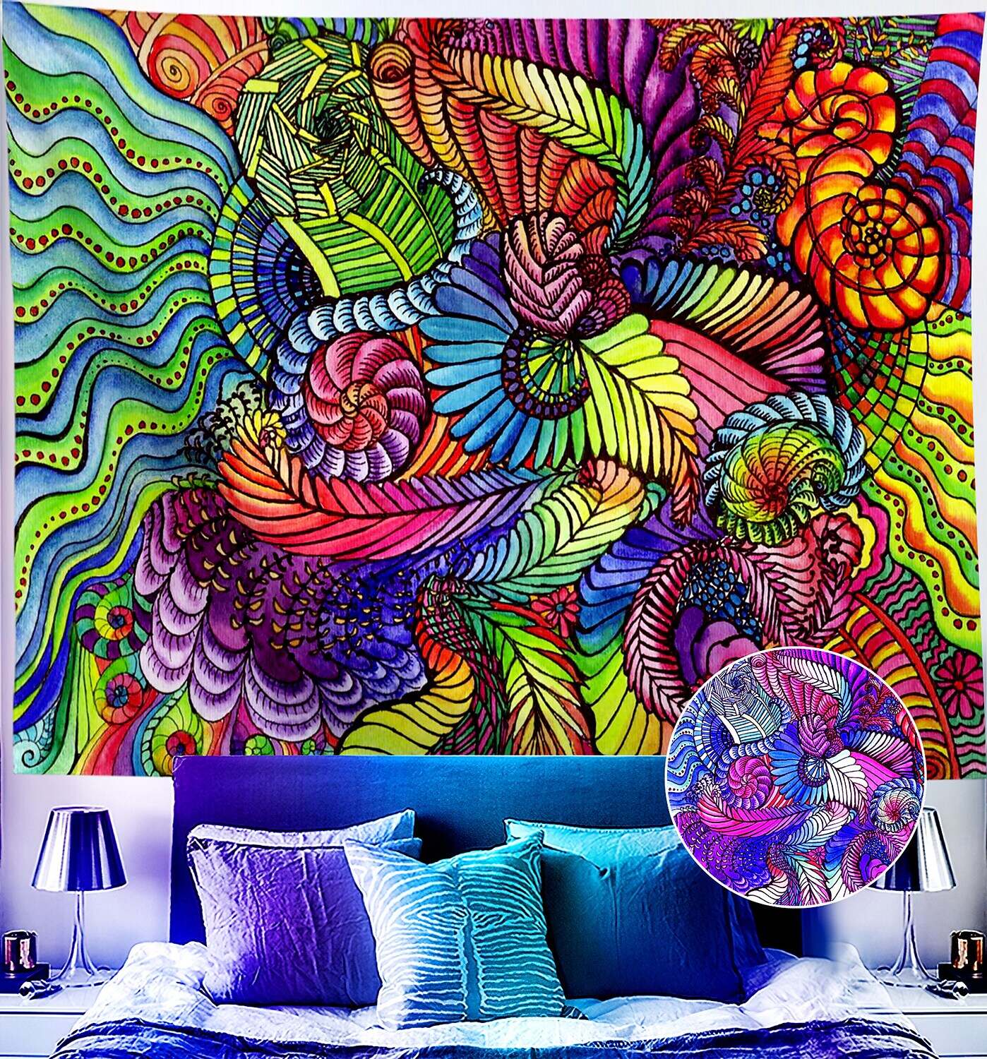 Trippy Blacklight UV Reactive Wall Tapestry Weed Alien Psychedelic