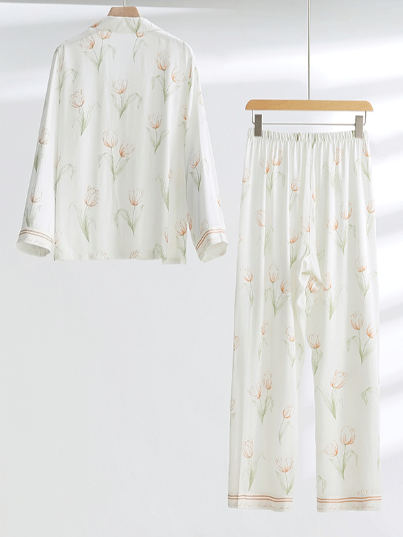 Regular Fit V Neck Floral Casual Long Sleeve Pajama Set