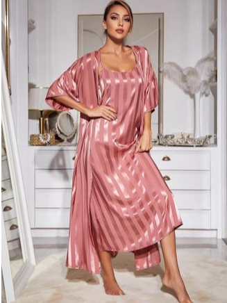 Sexy Loose Colorblock Crew Neck Two Piece Nightgown Set