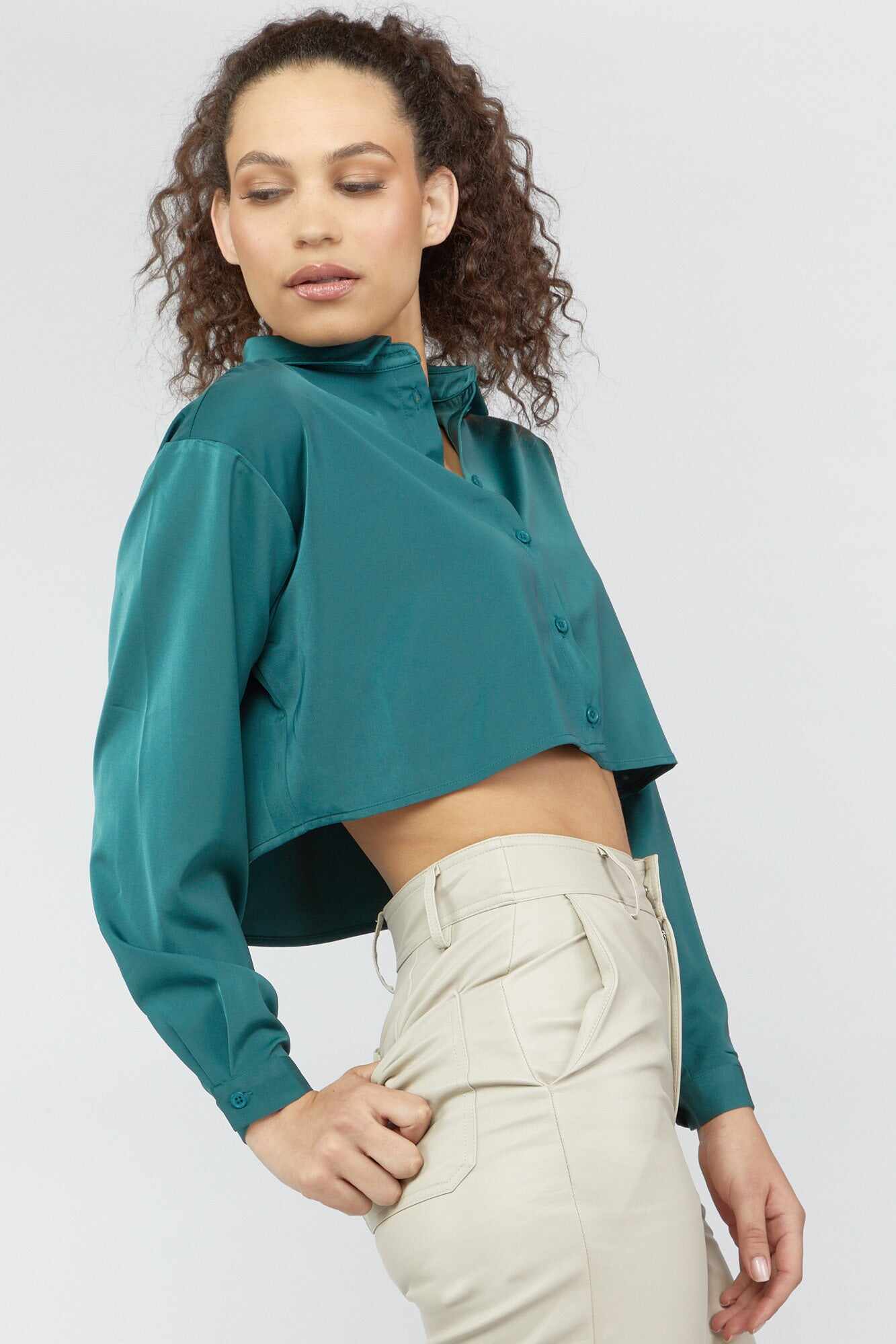 Women Apparel | Satin Button-Front Cropped Shirt Taupe Forever21 - LV97076