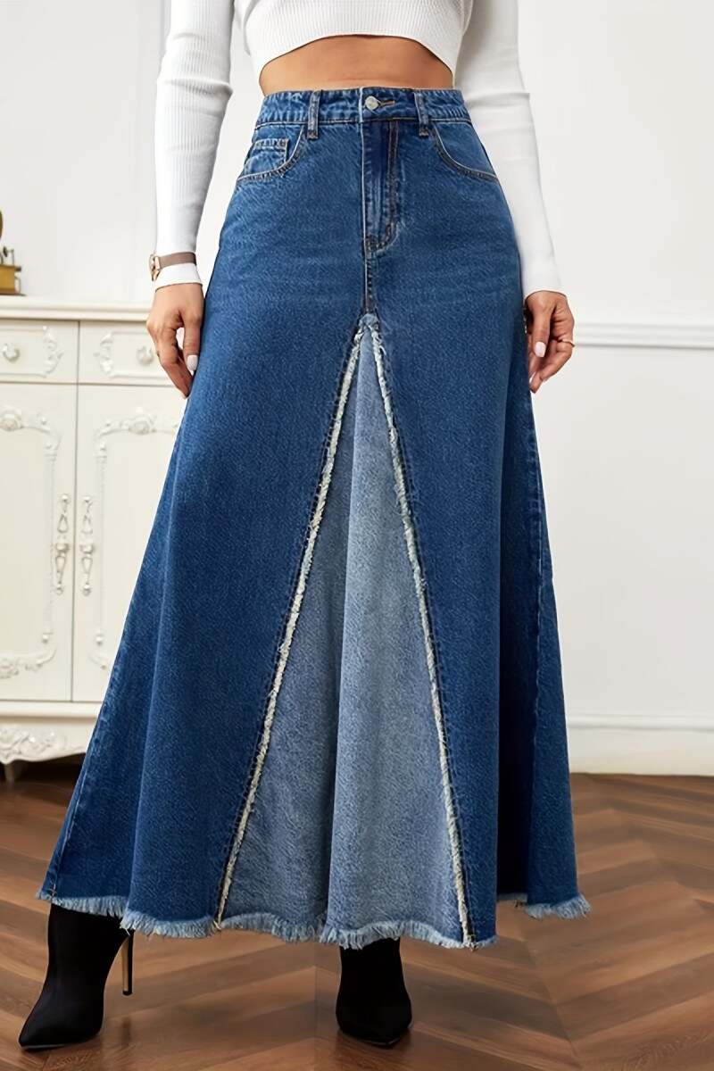 Deep Blue Casual Patchwork Contrast High Waist Regular Denim Skirts