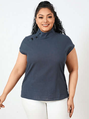 Women Plus Size Blouses & Shirts | Solid Color Stand Collar Short Sleeve Plus Size Button Blouse for Women - JK06833