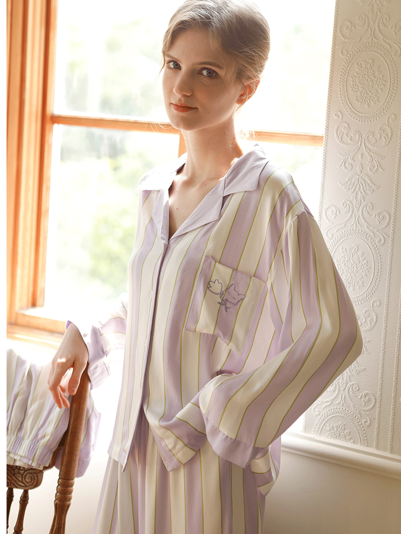 Simple Striped Shawl Collar Long Sleeve Pajama Set