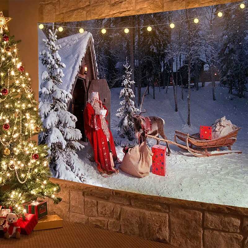 Christmas Decor LED Lights Wall Tapestry Santa Claus Christmas Tree Print