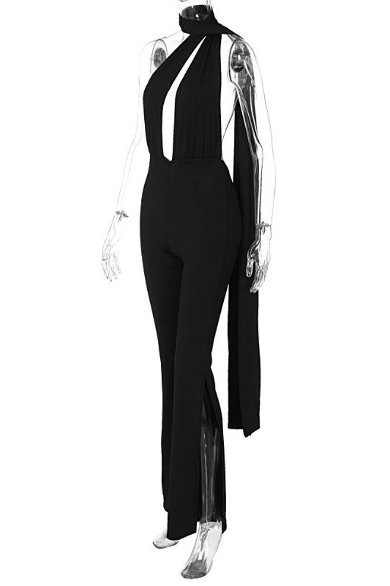 Black Sexy Solid Hollowed Out Backless Slit Halter Skinny Jumpsuits