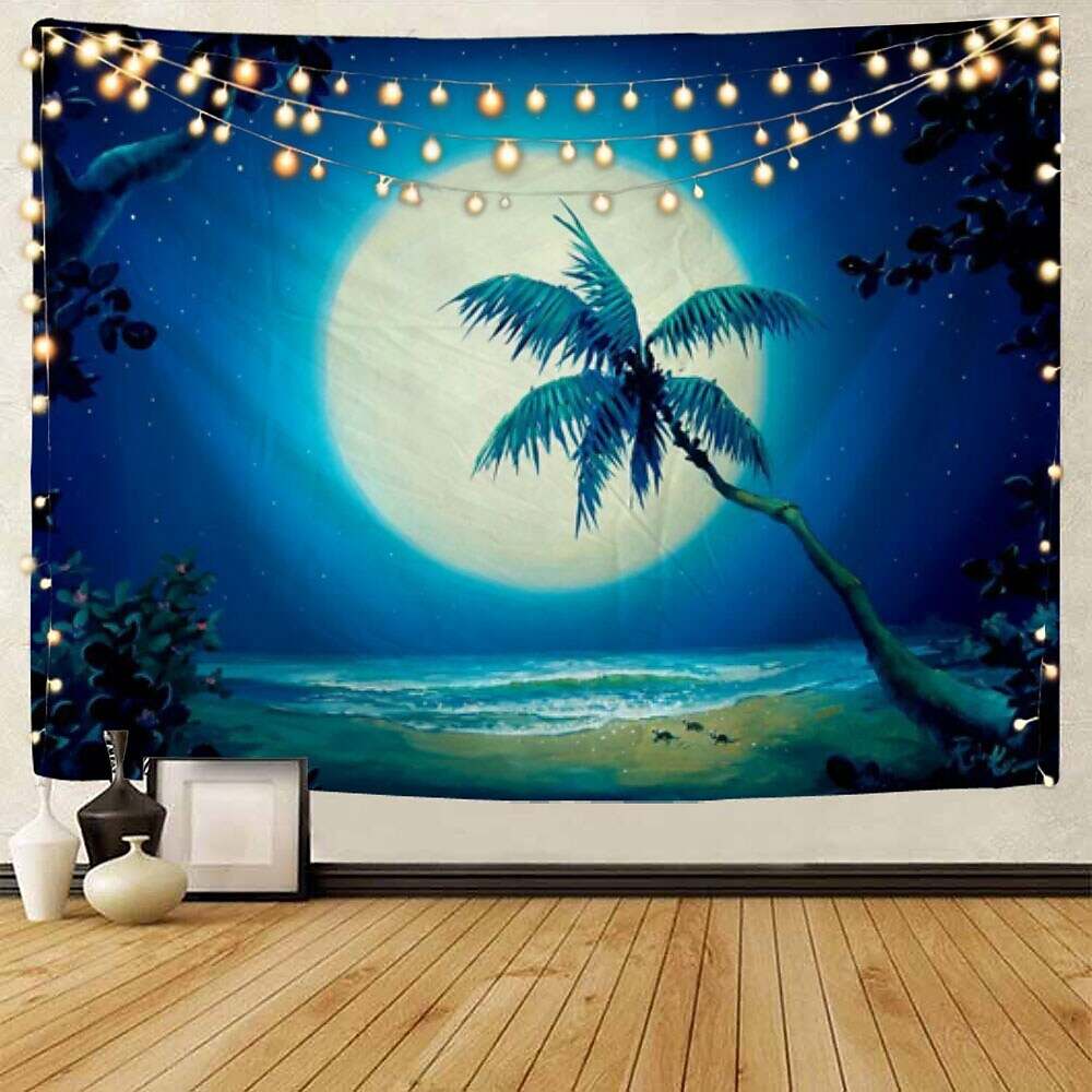 Moon Sea Sky Wall Tapestry Art Decor Landscape Full Night Ocean Cloud