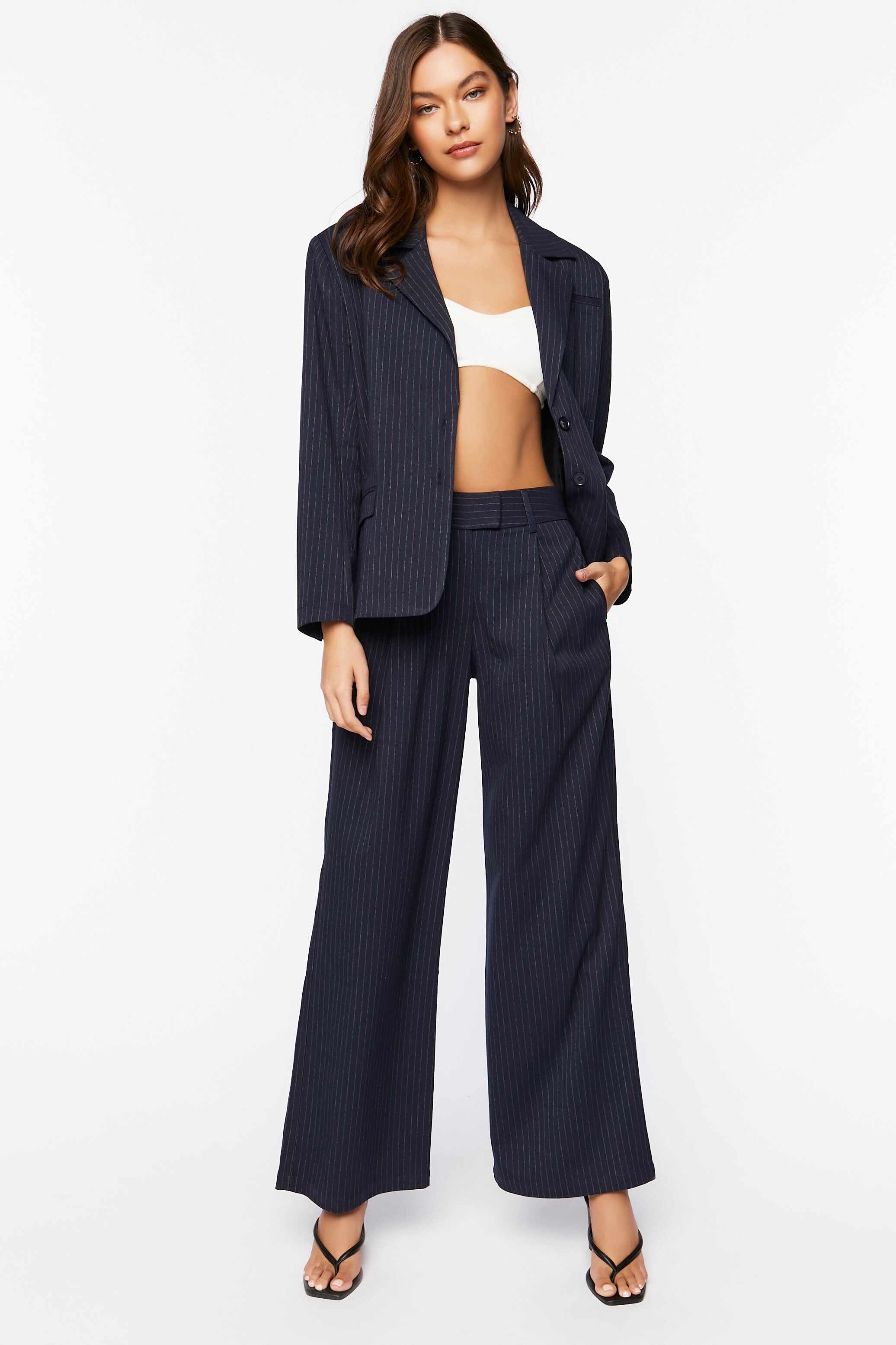 Women Apparel | Pinstripe Mid-Rise Trouser Pants Navy Forever21 - LG78323