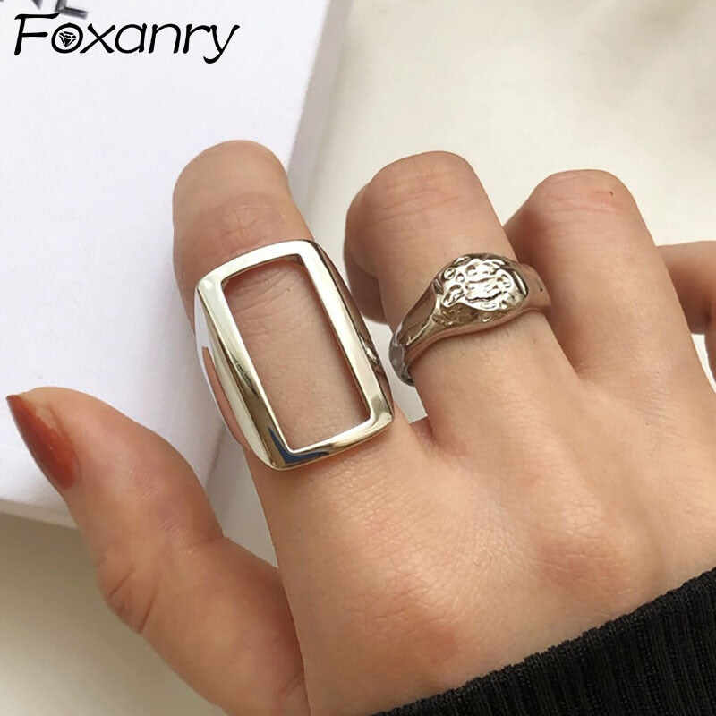 Foxanry Minimalist Silver ColorRings Fashion Simple Hollow Geometric Vintage Thai Silver Party Jewelry Gifts for Women