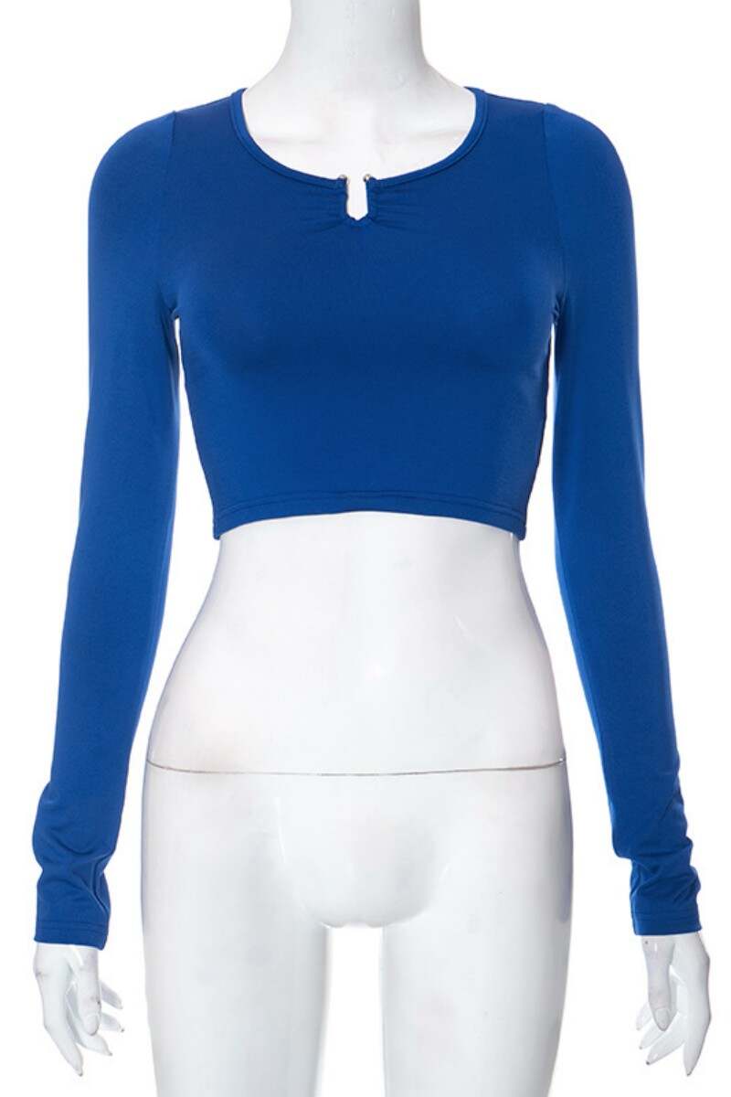 Blue Casual Solid Basic O Neck Tops