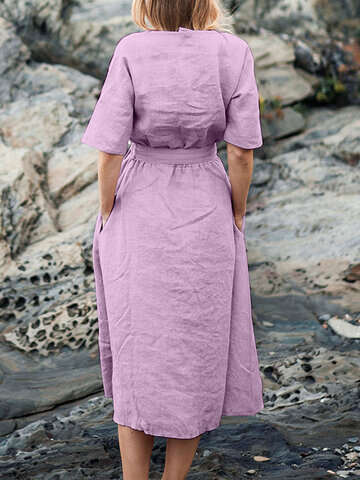 Women Vintage Dresses | Solid Pocket Crew Neck Half Sleeve Dress With Belt - XF29598