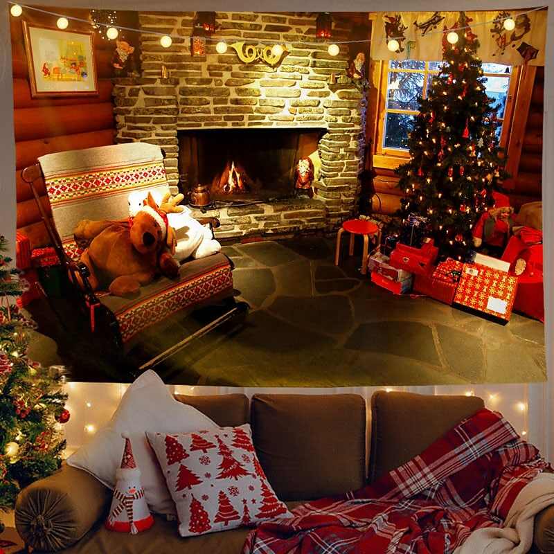 Christmas Decor LED Lights Wall Tapestry Christmas Tree Fireplace Print