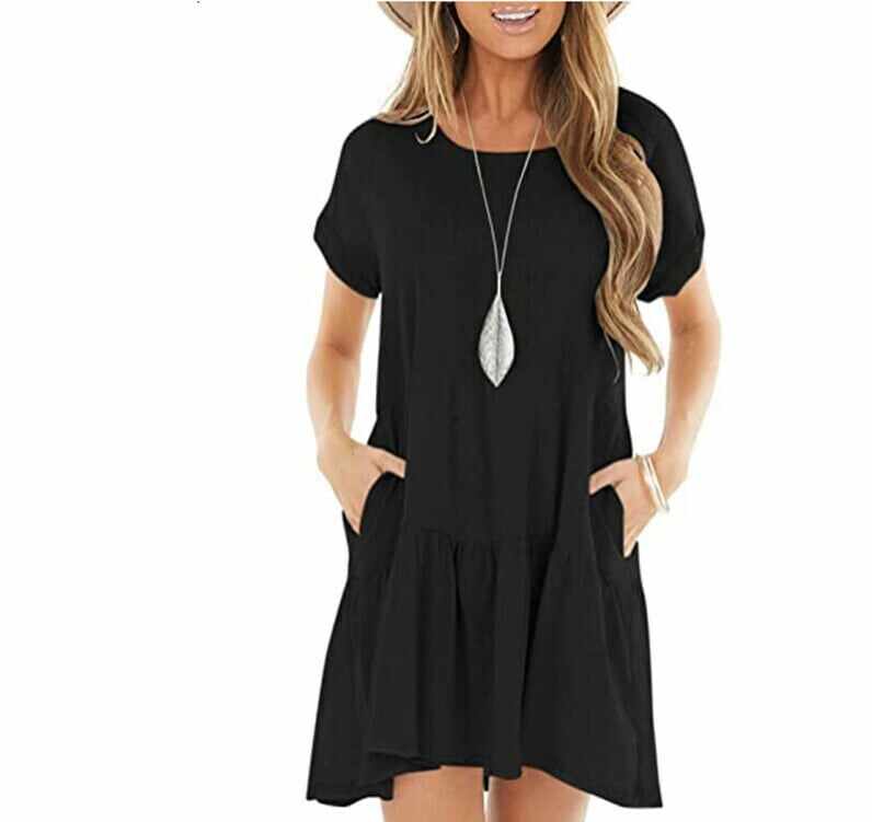 Round neck short sleeve large hem mid-length dress